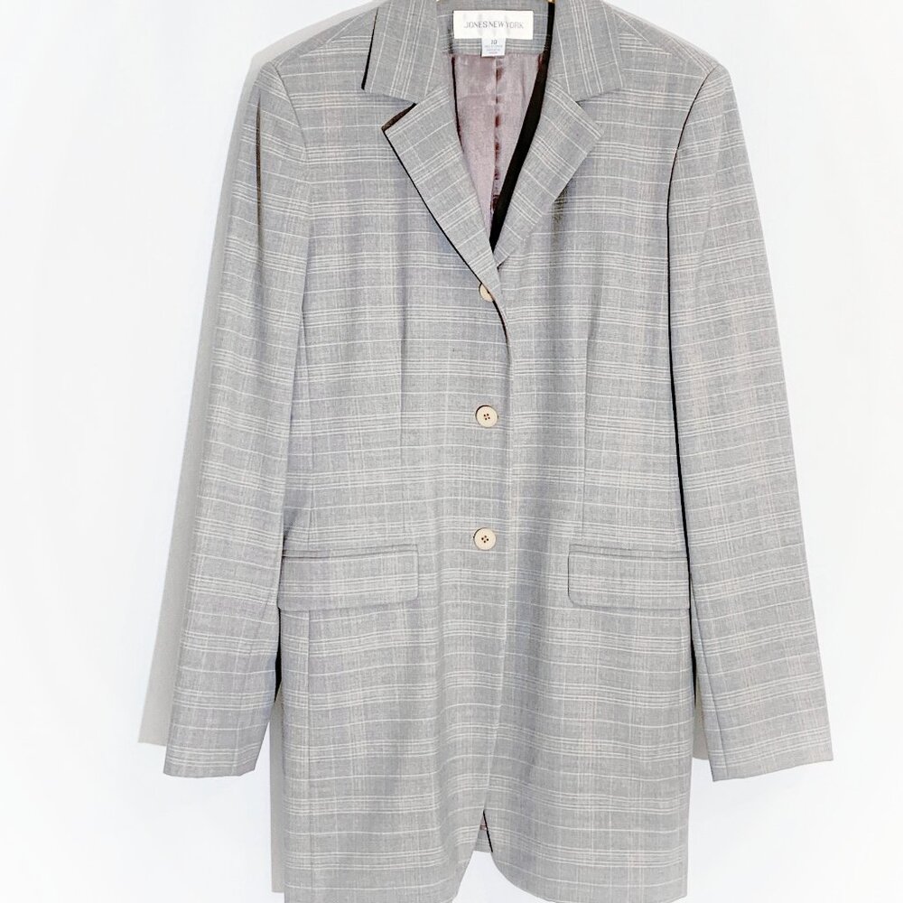 Vintage 00s Long Line Grey Plaid Blazer by Jones New York / size Small